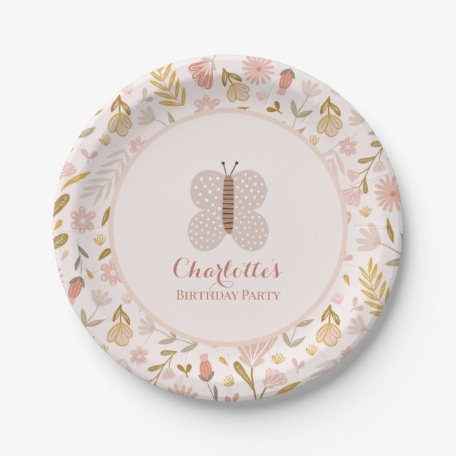 Plato De Papel Niñas Mariposa Flor Silvestre Cuadros Rosa  (Anverso)