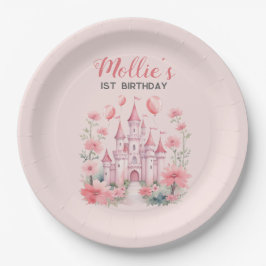 Plato De Papel Niñas pequeñas primera princesa de castillo rosado