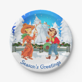 Plato De Papel Niñas Vaqueras Y Vaqueras Iluminan Escena De Invie