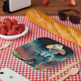 Plato De Papel Niñito en Rodeo cerca caballos de la bandera estad