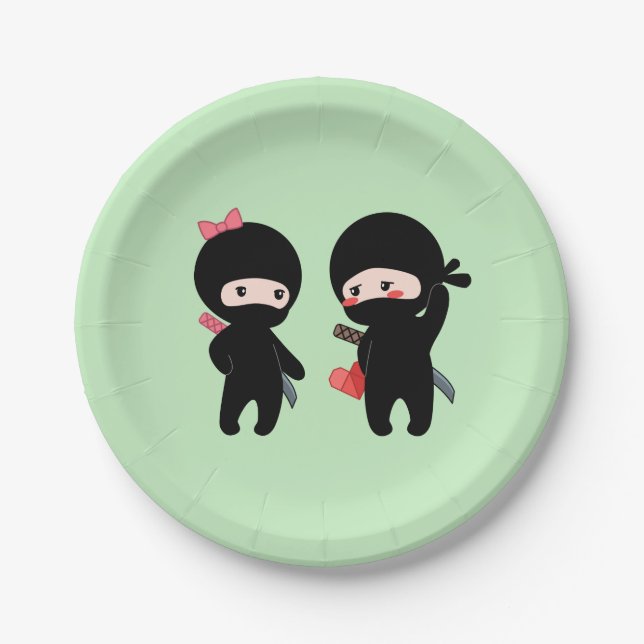 Plato De Papel Ninja Pair, un niño y un Chica en verde (Anverso)
