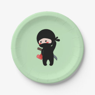 Plato De Papel Ninja Tímido Sonrojado Sosteniendo Corazón de Pape