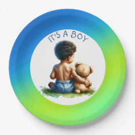 Plato De Papel Niño afroamericano con Teddy Baby Shower