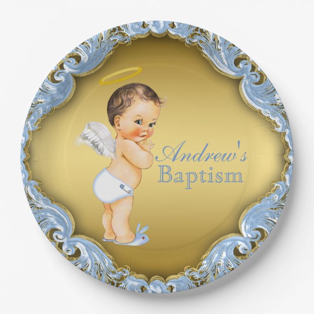 Plato De Papel Niño Azul Ángel Dorado Bautizo (Anverso)