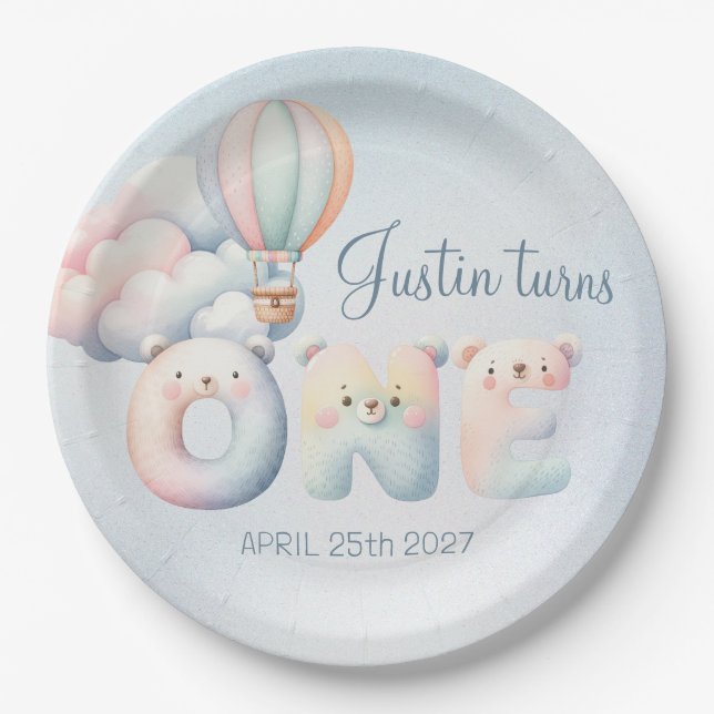 Plato De Papel Niño bebé 1er cumpleaños teddybear globo de aire c (Anverso)