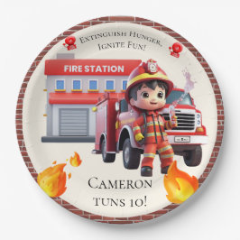 Plato De Papel Niño bombero y camión de bomberos kawaii
