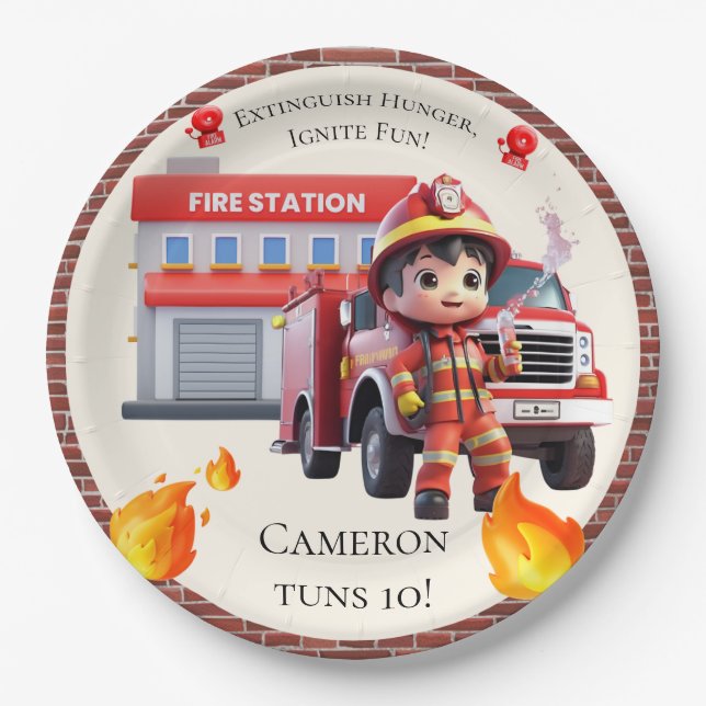 Plato De Papel Niño bombero y camión de bomberos kawaii (Anverso)