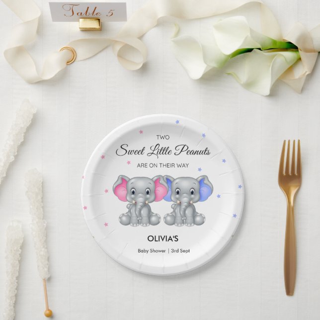 Plato De Papel Niño Chica gemelo elefante lindo Baby Shower (Boda)