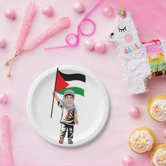 Plato De Papel Niño con bandera palestina de Keffiyeh (Fiesta)
