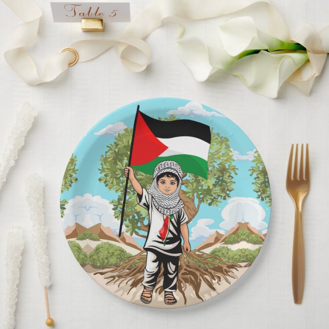 Plato De Papel Niño con bandera palestina de Keffiyeh y olivo (Boda)