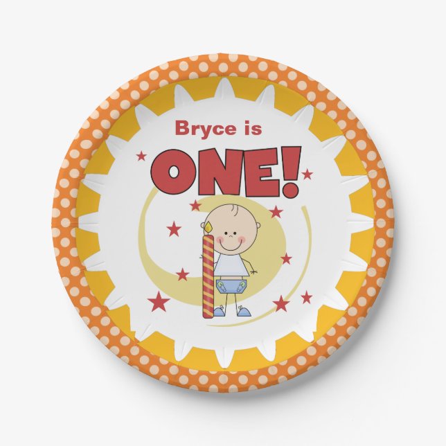 Plato De Papel Niño Con Velas Placas De Papel De Primer Cumpleaño (Anverso)