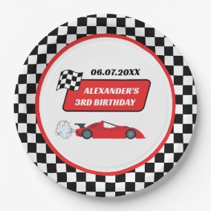 Plato De Papel Niño de carreras de autos de carrera rojo retro de