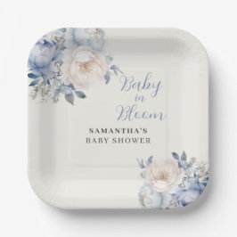 Plato De Papel Niño Floral Azul Personalizado Bebé En Ducha De Bl