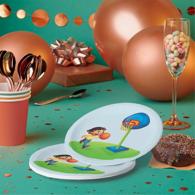 Plato De Papel Niño jugando baloncesto con aro de diversión depor (Subido por el creador)