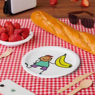 Plato De Papel Niño Juguetón Sosteniendo un Gran Plátano Amarillo