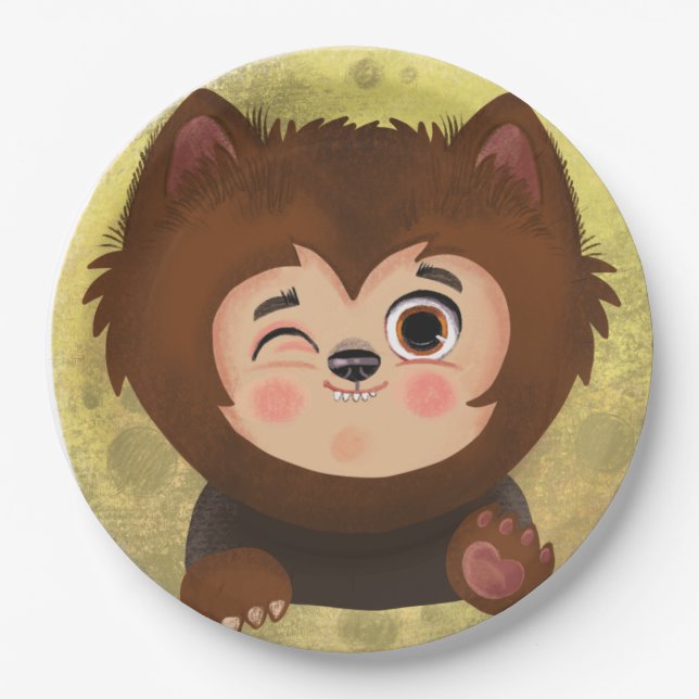 Plato De Papel Niño lindo con disfraz de Werewolf Halloween (Anverso)