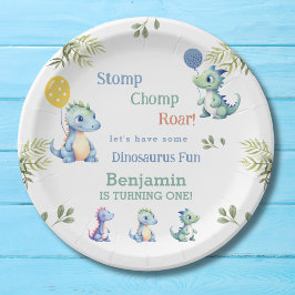 Plato De Papel Niño lindo Dinosaurio azul primer cumpleaños