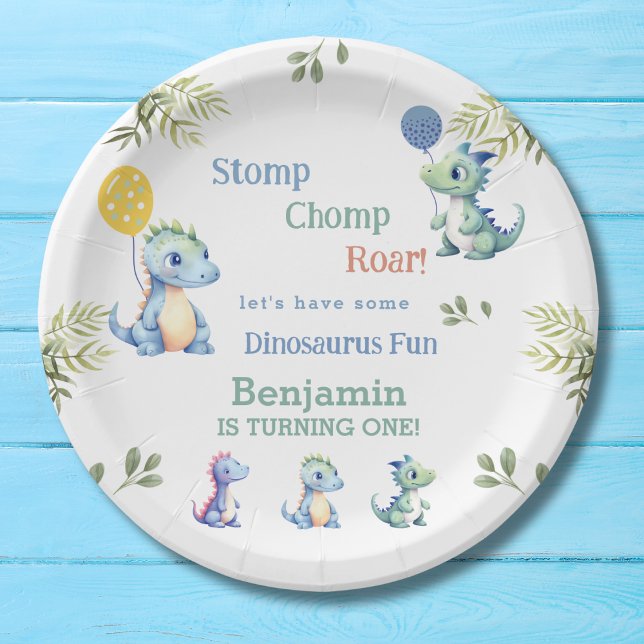 Plato De Papel Niño lindo Dinosaurio azul primer cumpleaños (Subido por el creador)