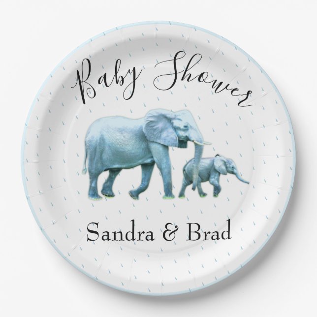 Plato De Papel Niño lindo elefante azul elefante Baby Shower (Anverso)