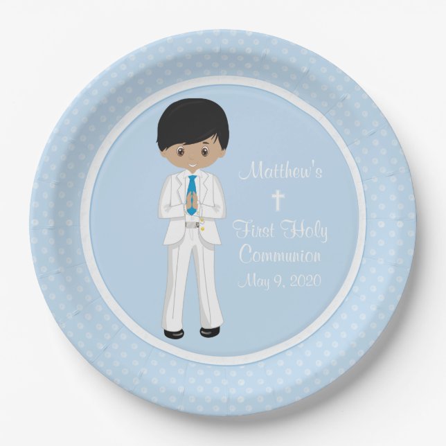 Plato De Papel Niño multicultural Santa Comunión personalizada (Anverso)