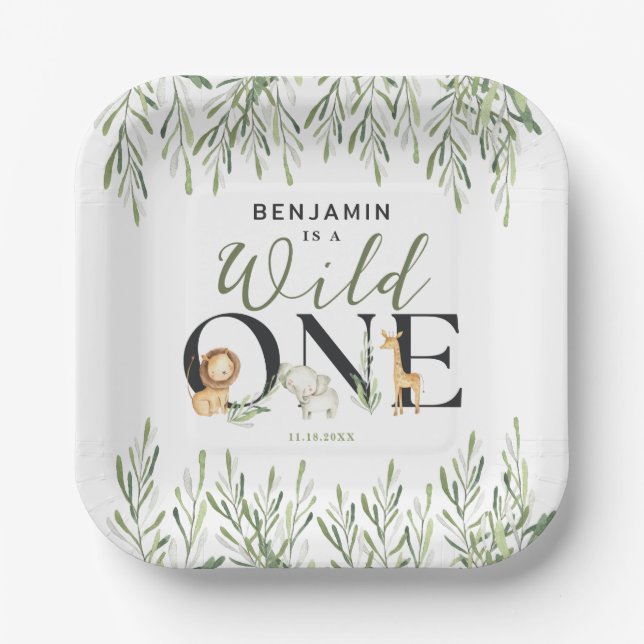 Plato De Papel Niño salvaje de un Safari, Fiesta de primer cumple (Anverso)