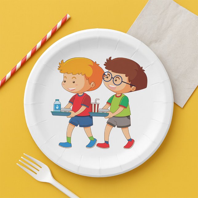 Plato De Papel Niños adorables que llevan bandejas de comida (Subido por el creador)