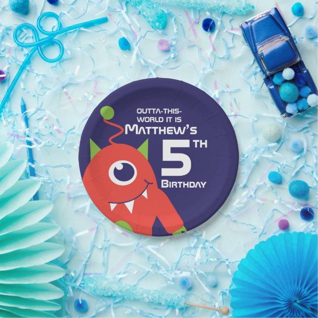Plato De Papel Niños alienígenas 5 cumpleaños placa personalizada (Fiesta)