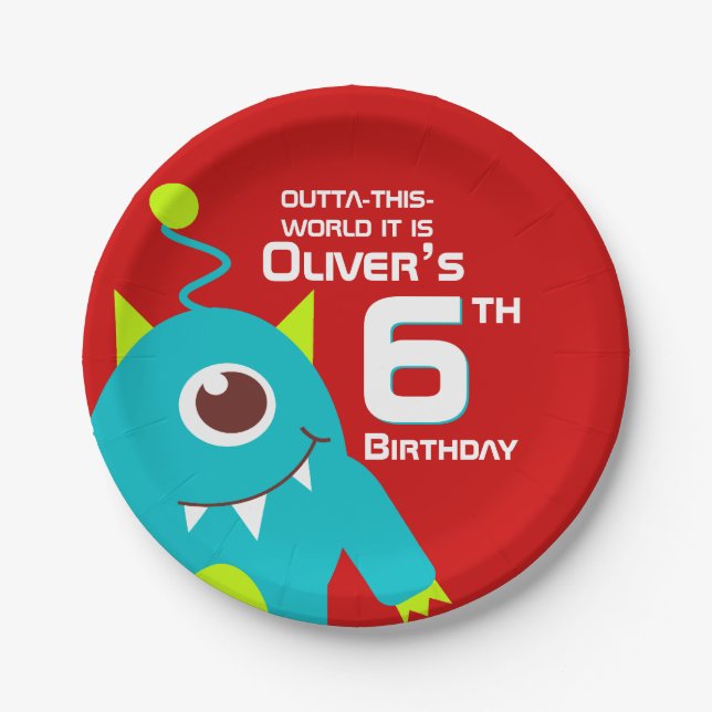 Plato De Papel Niños alienígenas 6 cumpleaños placa personalizada (Anverso)