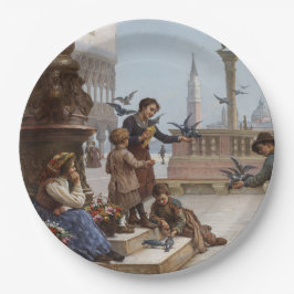 Plato De Papel Niños alimentando palomas en Venecia (por Paoletti