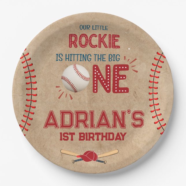 Plato De Papel Niños Béisbol Primer Cumpleaños (Anverso)