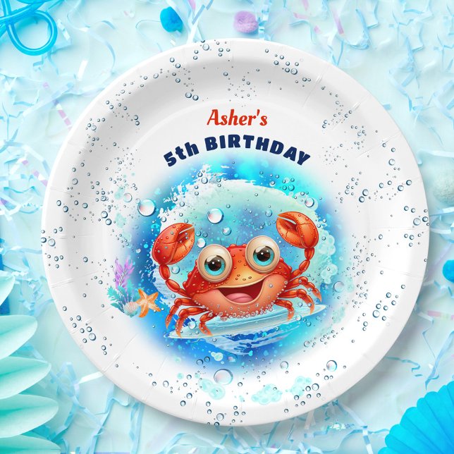 Plato De Papel Niños cangrejos Piscina de cumpleaños Fiesta veran (Crab Pool Kids 1st Birthday Party Boy Custom Age Paper Plates)