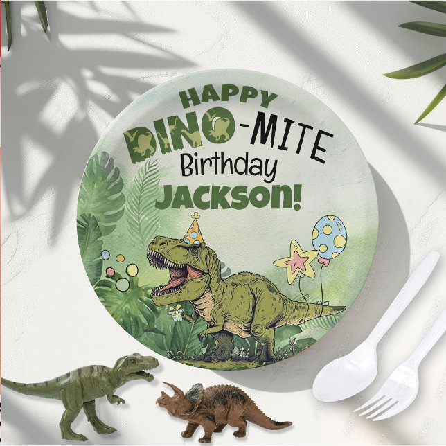 Plato De Papel Niños chinos-minitas nombran fiesta de cumpleaños  (Cute dinosaur Jurassic theme Happy Dino-mite Birthday boy name party  paper plates table decorations)