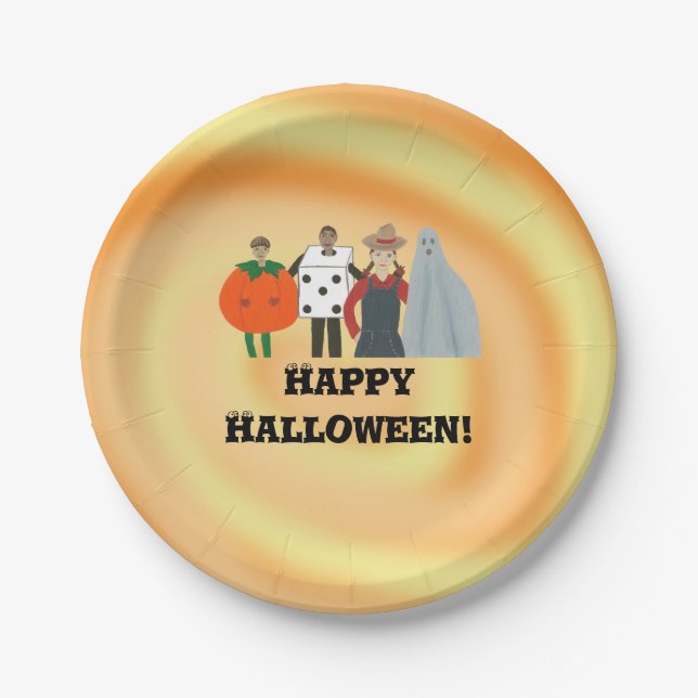 Plato De Papel Niños con disfraces felices placas de Halloween (Anverso)