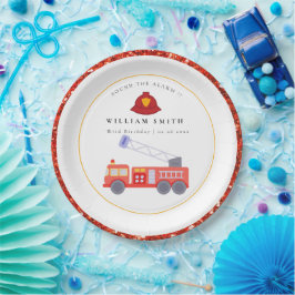 Plato De Papel Niños Con Motor De Camión De Fuego Rojo De Cualqui