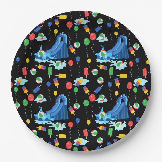 Plato De Papel Niños con tobogán acuático Chica de verano (Anverso)