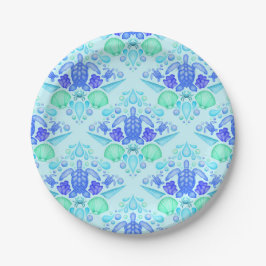 Plato De Papel Niños Cuidados Tropical Blue Ocean Sea Turtle