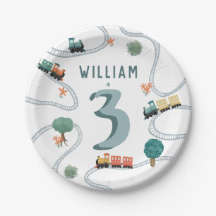 Plato De Papel Niños Cute Blue Modern Train Viajes Niños Cumpleañ