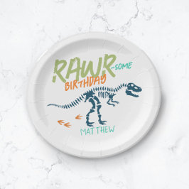 Plato De Papel Niños Cute Blue T-Rex Dinosaur Dig Niños Cumpleaño