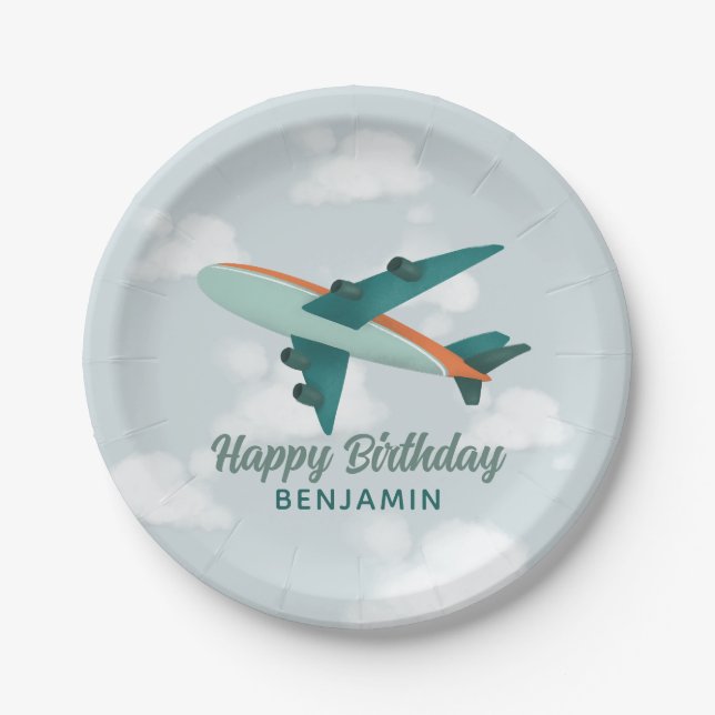 Plato De Papel Niños Cute Blue Travel Airplane Niños Cumpleaños (Anverso)