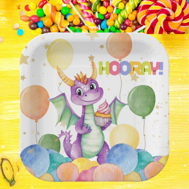 Plato De Papel Niños Cute Dragón Moderno Niños Placa De Papel (Cute Dragon Birthday Party Plate - Watercolor Cupcake & Balloons - Hooray Theme - Kids Party )