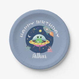 Plato De Papel Niños Cute Espacio Azul Alien Galaxy Cumpleaños