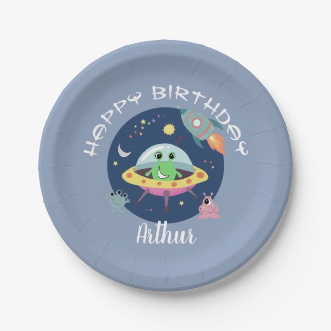 Plato De Papel Niños Cute Espacio Azul Alien Galaxy Cumpleaños (Anverso)