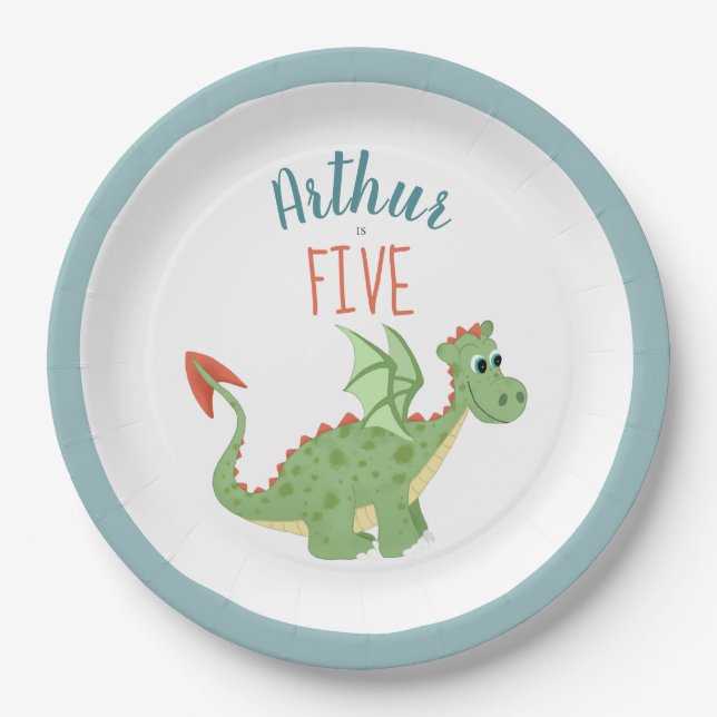 Plato De Papel Niños Cute Green Dragon Kids Birday (Anverso)