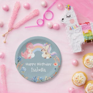 Plato De Papel Niños de cumpleaños de la flor de arco iris de Uni