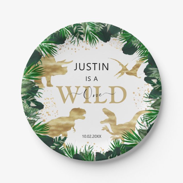 Plato De Papel Niños de Dinosaurios Cute Gold Cumpleaños Dino Tre (Anverso)