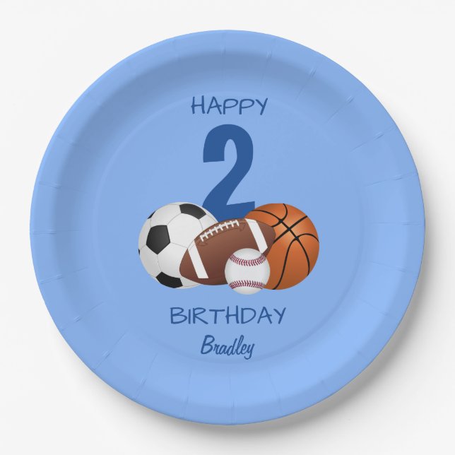 Plato De Papel Niños del deporte azul feliz cumpleaños (Anverso)