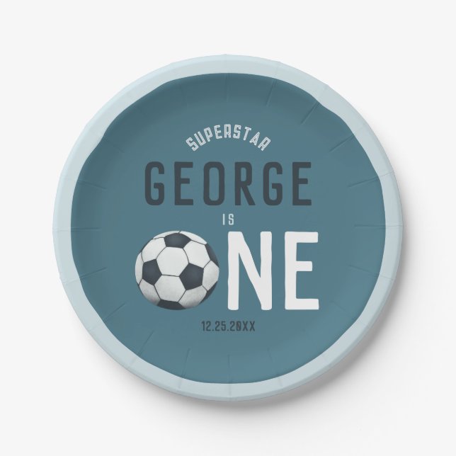 Plato De Papel Niños Deportes Azules Primer cumpleaños (Anverso)