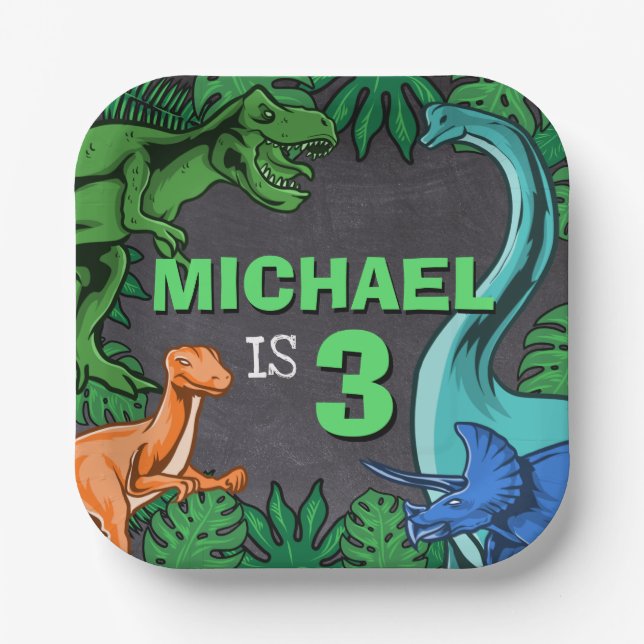 Plato De Papel Niños dinosaurios Cumpleaños Dino Trex Niño Prehis (Anverso)