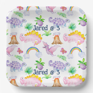 Plato De Papel Niños divertidos dinosaurios Rainbow Watercolor Ju