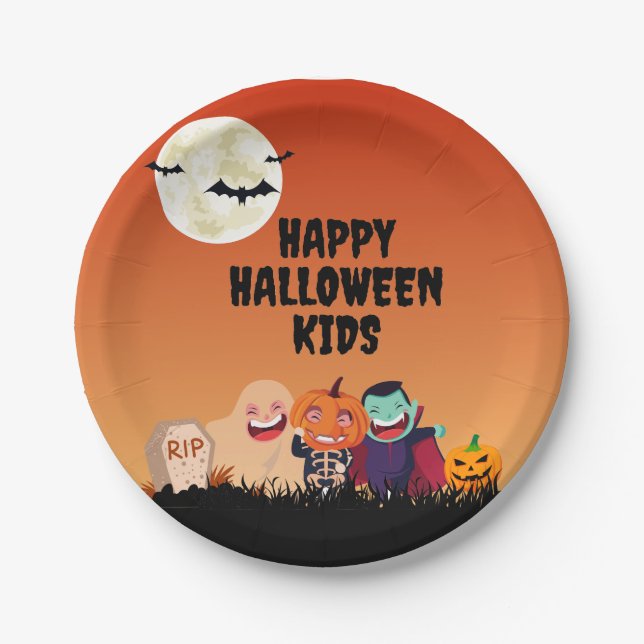 Plato De Papel Niños felices de Halloween (Anverso)